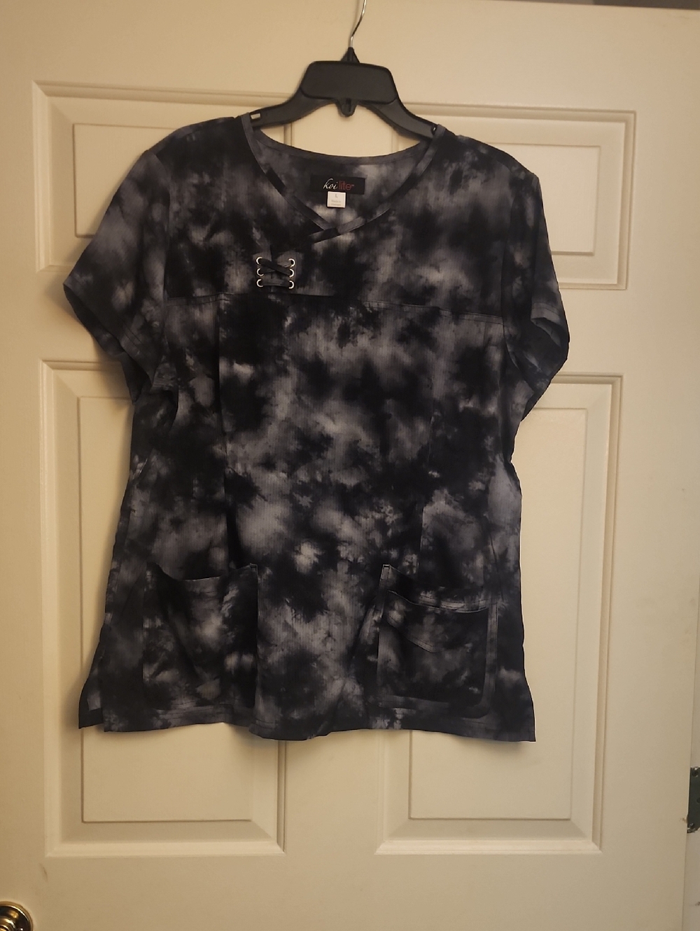 Koi Lite Women's Navy Tie-Dye Scrub Top with Lace-Up Detail